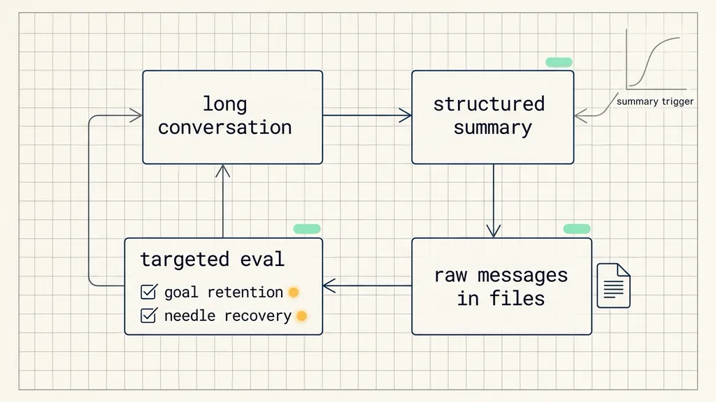 Diagram: Summaries are tested against goal retention and information recovery